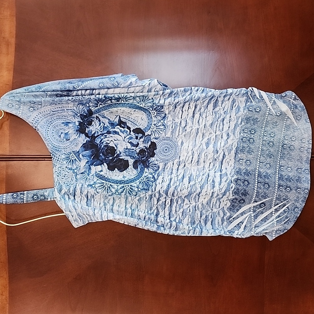 B.L.E.U. lace look top, size M, blue and white